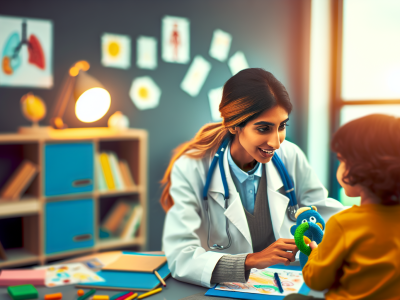 Pediatra atenta observa criança feliz com brinquedo, enfatizando cuidados personalizados em saúde infantil.