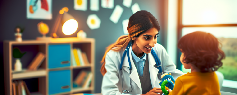 Pediatra atenta observa criança feliz com brinquedo, enfatizando cuidados personalizados em saúde infantil.