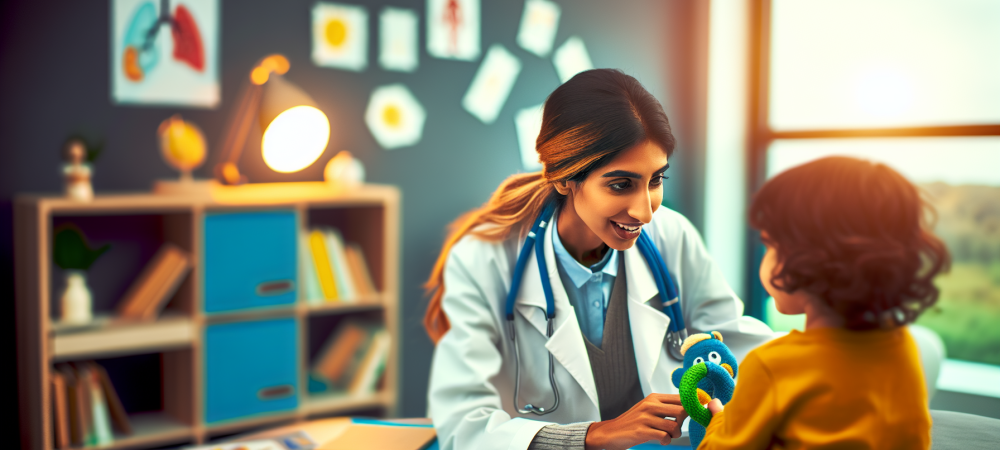 Pediatra atenta observa criança feliz com brinquedo, enfatizando cuidados personalizados em saúde infantil.