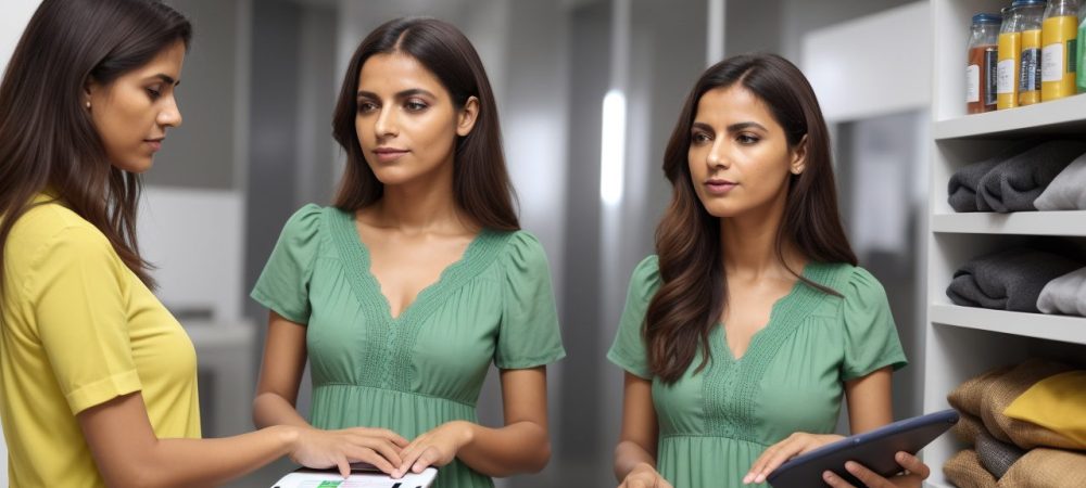 Um consumidor confiante navegando em loja online em um tablet, com elementos digitais de promoção e direitos do consumidor.