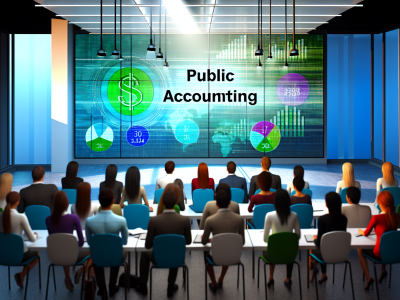 Alunos em sala moderna focada em contabilidade pública assistindo a apresentação interativa com gráficos de finanças.