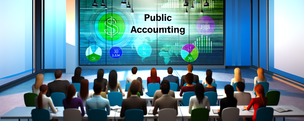 Alunos em sala moderna focada em contabilidade pública assistindo a apresentação interativa com gráficos de finanças.