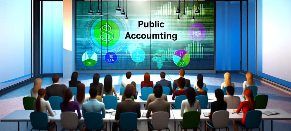 Alunos em sala moderna focada em contabilidade pública assistindo a apresentação interativa com gráficos de finanças.