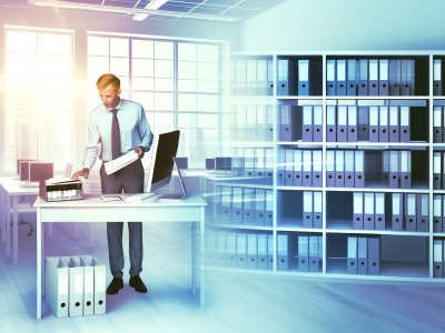 Contador em escritório público moderno, registrando despesas em computador com luz natural e pastas organizadas, destacando a contabilidade pública.