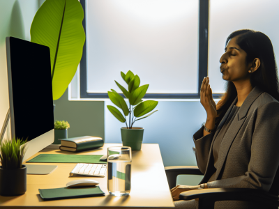 Profissional em ambiente de trabalho moderno, concentrado e aliviado, simbolizando equilíbrio
