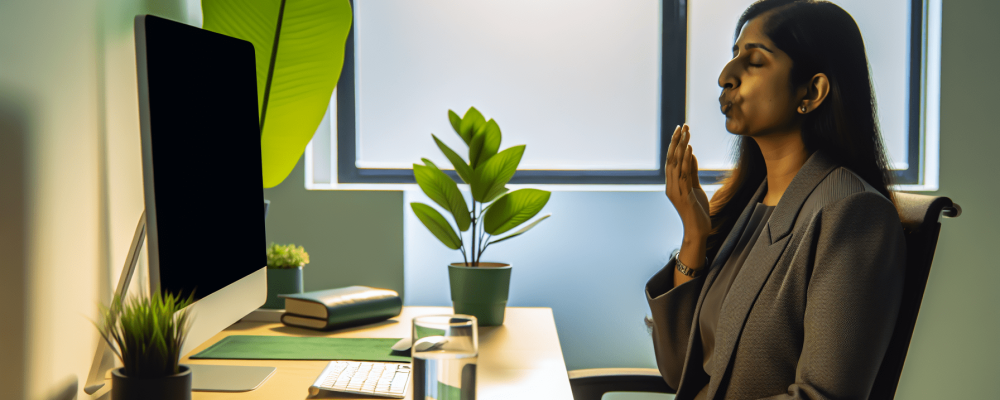 Profissional em ambiente de trabalho moderno, concentrado e aliviado, simbolizando equilíbrio