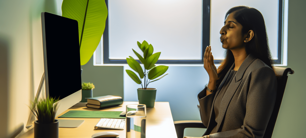 Profissional em ambiente de trabalho moderno, concentrado e aliviado, simbolizando equilíbrio