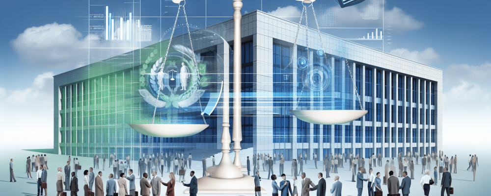 Edifício governamental moderno sob céu claro, cercado por cidadãos discutindo e balança da justiça representando equidade no controle da administração pública.