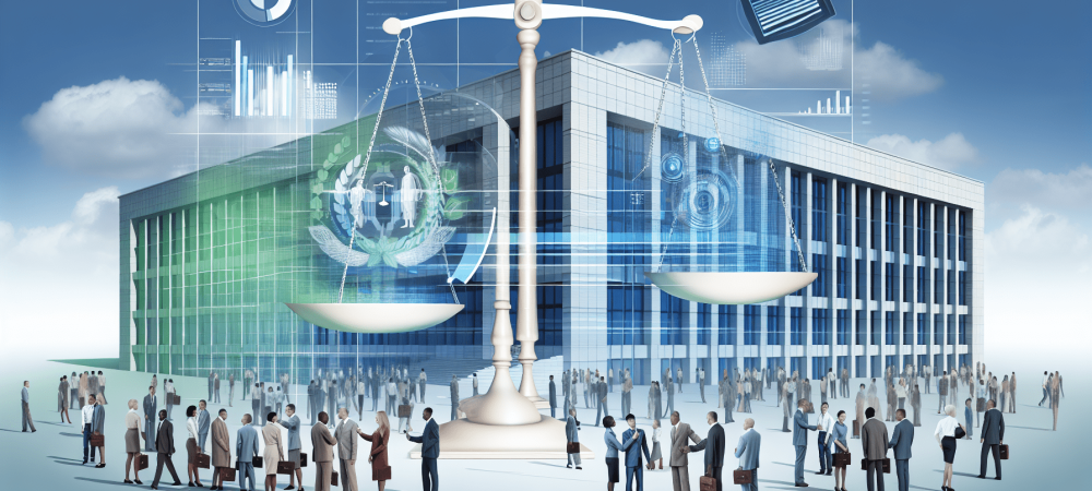 Edifício governamental moderno sob céu claro, cercado por cidadãos discutindo e balança da justiça representando equidade no controle da administração pública.