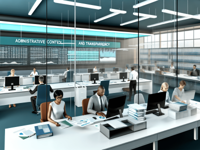 Sala moderna com servidores em computadores analisando dados de controle administrativo e transparência.