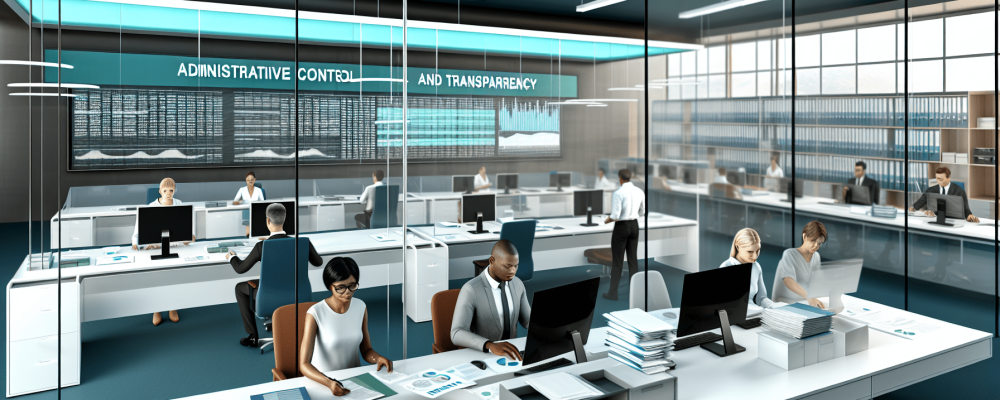 Sala moderna com servidores em computadores analisando dados de controle administrativo e transparência.
