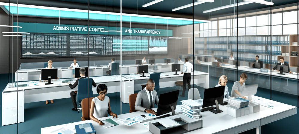 Sala moderna com servidores em computadores analisando dados de controle administrativo e transparência.