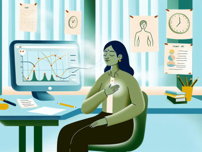 Pessoa em mesa de trabalho praticando técnicas de respiração, anotações e gestão do tempo em escritório iluminado