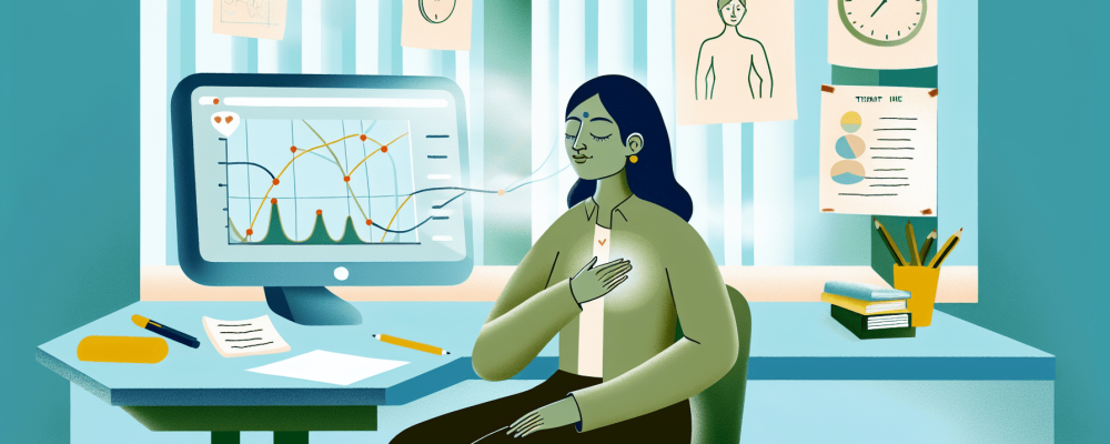 Pessoa em mesa de trabalho praticando técnicas de respiração, anotações e gestão do tempo em escritório iluminado