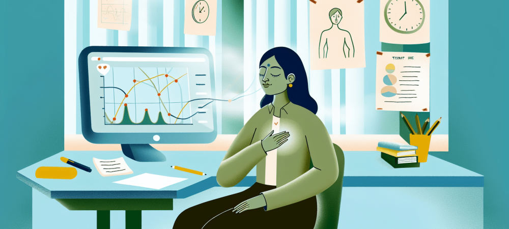 Pessoa em mesa de trabalho praticando técnicas de respiração, anotações e gestão do tempo em escritório iluminado