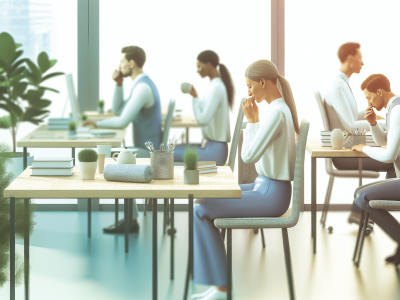 Profissionais de saúde e educação em escritório moderno, realizando respiração profunda e preparando chá para aliviar a ansiedade, em ambiente iluminado com plantas.