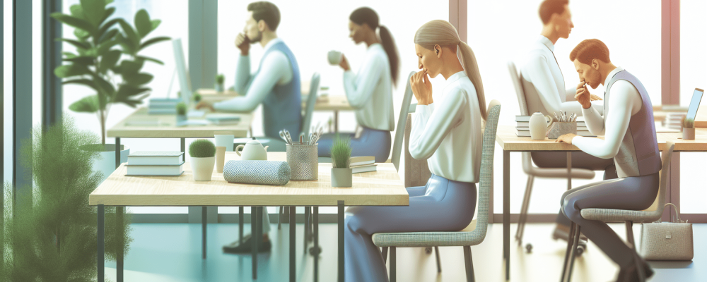 Profissionais de saúde e educação em escritório moderno, realizando respiração profunda e preparando chá para aliviar a ansiedade, em ambiente iluminado com plantas.