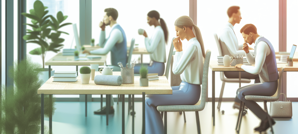 Profissionais de saúde e educação em escritório moderno, realizando respiração profunda e preparando chá para aliviar a ansiedade, em ambiente iluminado com plantas.