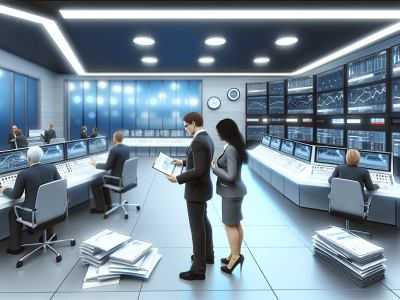 Sala de controle da administração pública moderna com servidores analisando gráficos e relatórios em grandes telas.