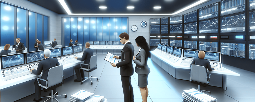 Sala de controle da administração pública moderna com servidores analisando gráficos e relatórios em grandes telas.