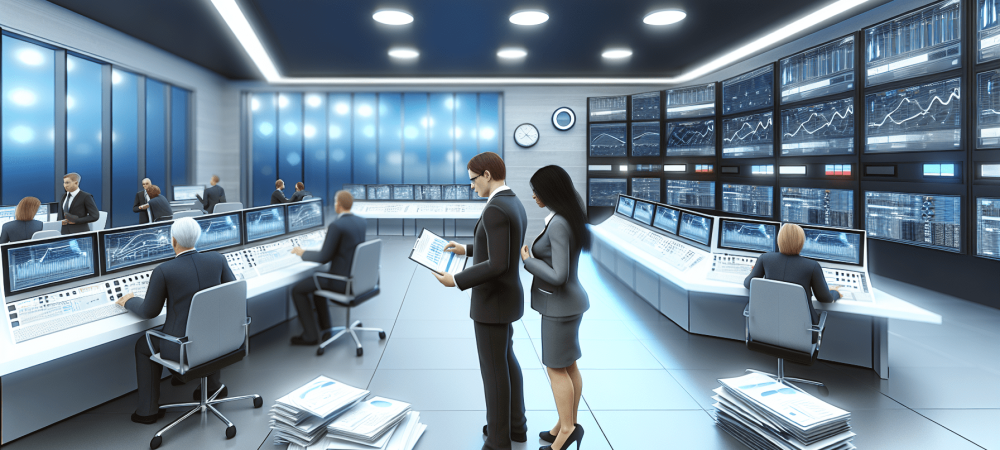 Sala de controle da administração pública moderna com servidores analisando gráficos e relatórios em grandes telas.