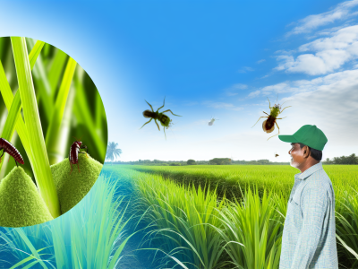 Lavoura de cana-de-açúcar verde sob céu claro, com produtor rural observando e insetos como broca da cana e cigarrinha representando desafio de controle.