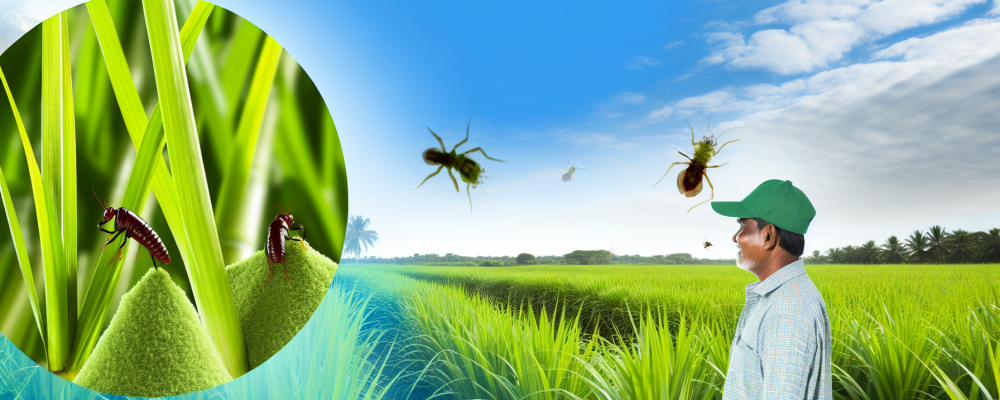 Lavoura de cana-de-açúcar verde sob céu claro, com produtor rural observando e insetos como broca da cana e cigarrinha representando desafio de controle.