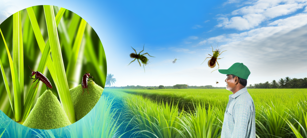 Lavoura de cana-de-açúcar verde sob céu claro, com produtor rural observando e insetos como broca da cana e cigarrinha representando desafio de controle.