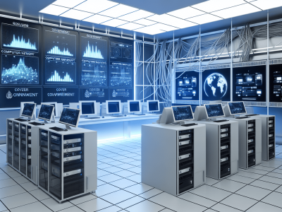 Moderna sala de controle governamental com servidores iluminados e telas mostrando dados de redes de computadores, em um ambiente minimalista.