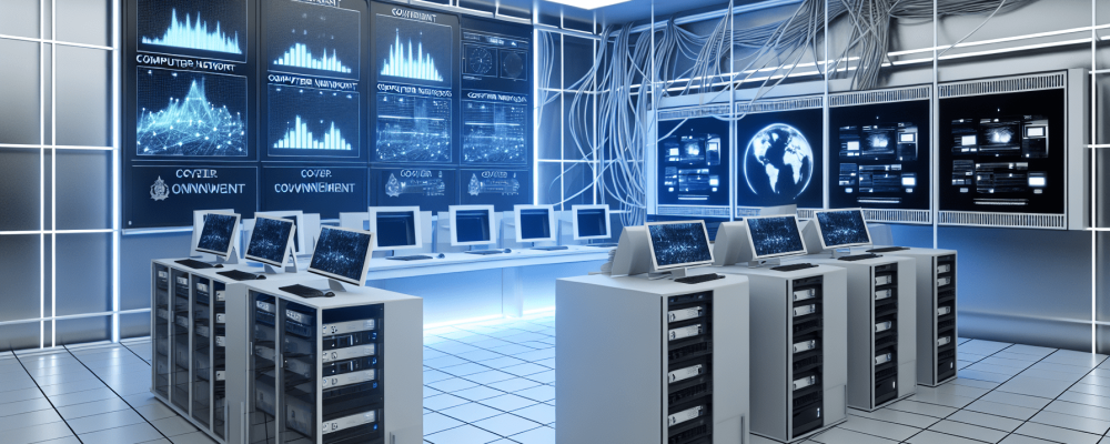 Moderna sala de controle governamental com servidores iluminados e telas mostrando dados de redes de computadores, em um ambiente minimalista.