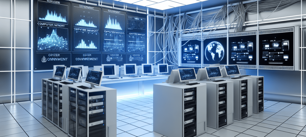 controle-redes-computadores-governo.webp Moderna sala de controle governamental com servidores iluminados e telas mostrando dados de redes de computadores, em um ambiente minimalista.