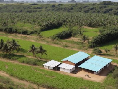 Agricultores colaborando em uma cooperativa agropecuária sob o pôr do sol, simbolizando solidariedade e união, cercados por lavouras verdes