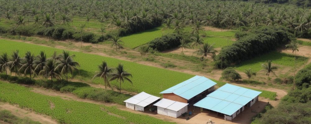 Agricultores colaborando em uma cooperativa agropecuária sob o pôr do sol, simbolizando solidariedade e união, cercados por lavouras verdes