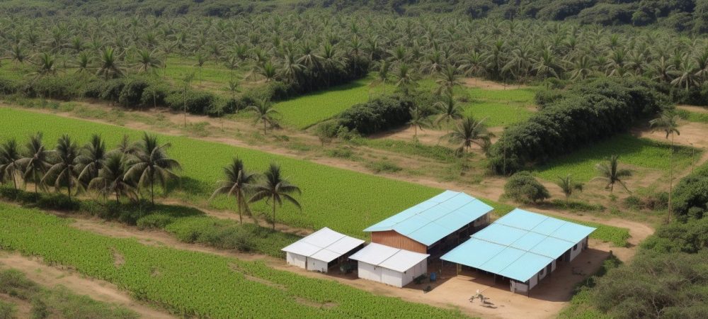 Agricultores colaborando em uma cooperativa agropecuária sob o pôr do sol, simbolizando solidariedade e união, cercados por lavouras verdes