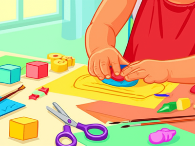 Criança em educação infantil realizando atividades de coordenação motora fina com massinha, pintura e quebra-cabeças