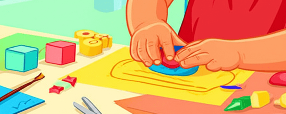 Criança em educação infantil realizando atividades de coordenação motora fina com massinha, pintura e quebra-cabeças