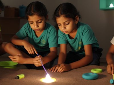 Criança curiosa desenvolvendo altas habilidades montando vulcão de bicarbonato em mesa com livros e ferramentas.