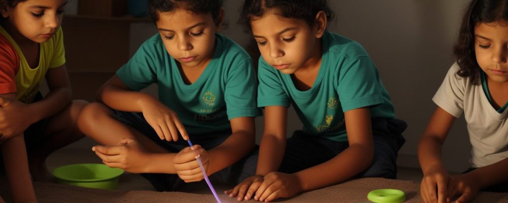 Criança curiosa desenvolvendo altas habilidades montando vulcão de bicarbonato em mesa com livros e ferramentas.