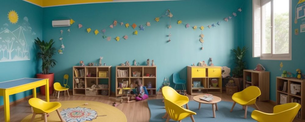 Uma sala de aula vibrante onde crianças aprendem sobre neurociência e alfabetização, envolvidas em atividades lúdicas.