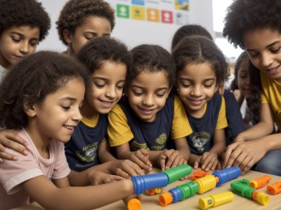 Grupo diversificado de crianças e adolescentes em situação de vulnerabilidade, reunidos em ambiente acolhedor com brinquedos e livros, expressando esperança