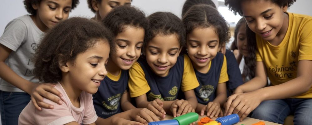 Grupo diversificado de crianças e adolescentes em situação de vulnerabilidade, reunidos em ambiente acolhedor com brinquedos e livros, expressando esperança