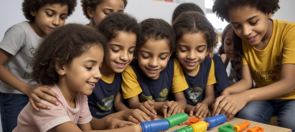 Grupo diversificado de crianças e adolescentes em situação de vulnerabilidade, reunidos em ambiente acolhedor com brinquedos e livros, expressando esperança