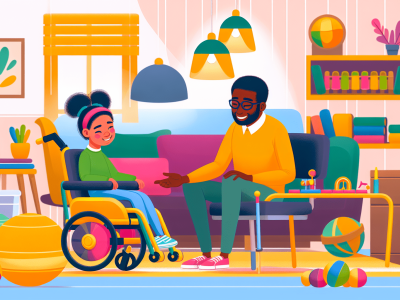 Cuidador de crianças especiais ajudando criança com deficiência em ambiente acolhedor com brinquedos e materiais educativos.