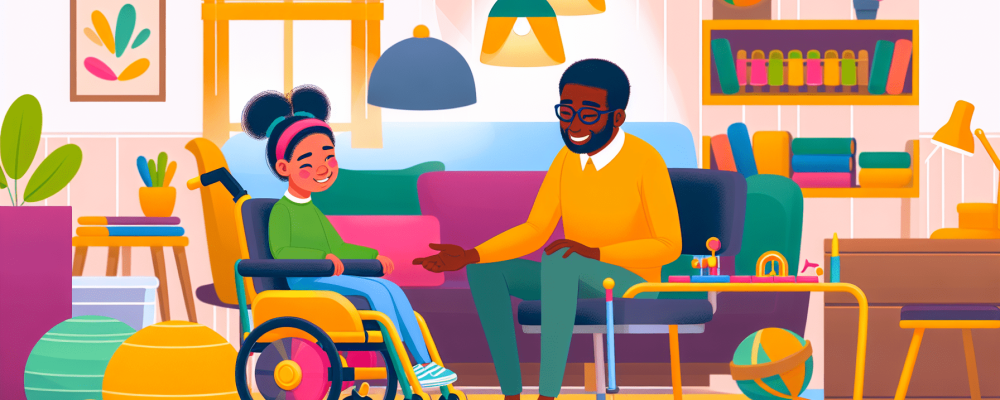 Cuidador de crianças especiais ajudando criança com deficiência em ambiente acolhedor com brinquedos e materiais educativos.