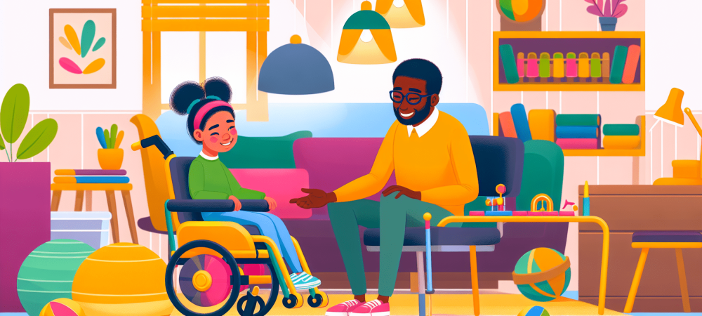 Cuidador de crianças especiais ajudando criança com deficiência em ambiente acolhedor com brinquedos e materiais educativos.