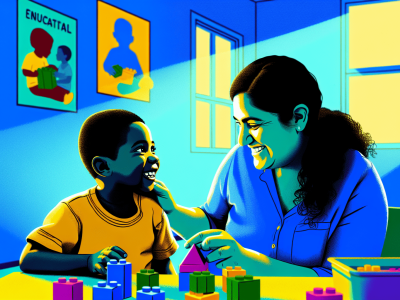 Cuidador de crianças especiais interagindo afetuosamente com uma criança autista em uma sala iluminada, brincando com blocos de montar.