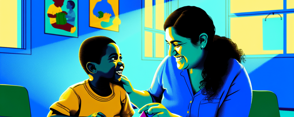 Cuidador de crianças especiais interagindo afetuosamente com uma criança autista em uma sala iluminada, brincando com blocos de montar.