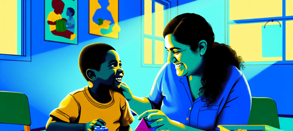 Cuidador de crianças especiais interagindo afetuosamente com uma criança autista em uma sala iluminada, brincando com blocos de montar.