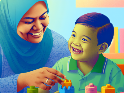 Cuidador de crianças especiais interagindo em ambiente acolhedor, cercado por brinquedos e materiais educativos.