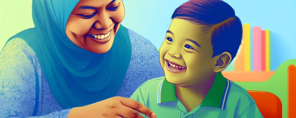 Cuidador de crianças especiais interagindo em ambiente acolhedor, cercado por brinquedos e materiais educativos.